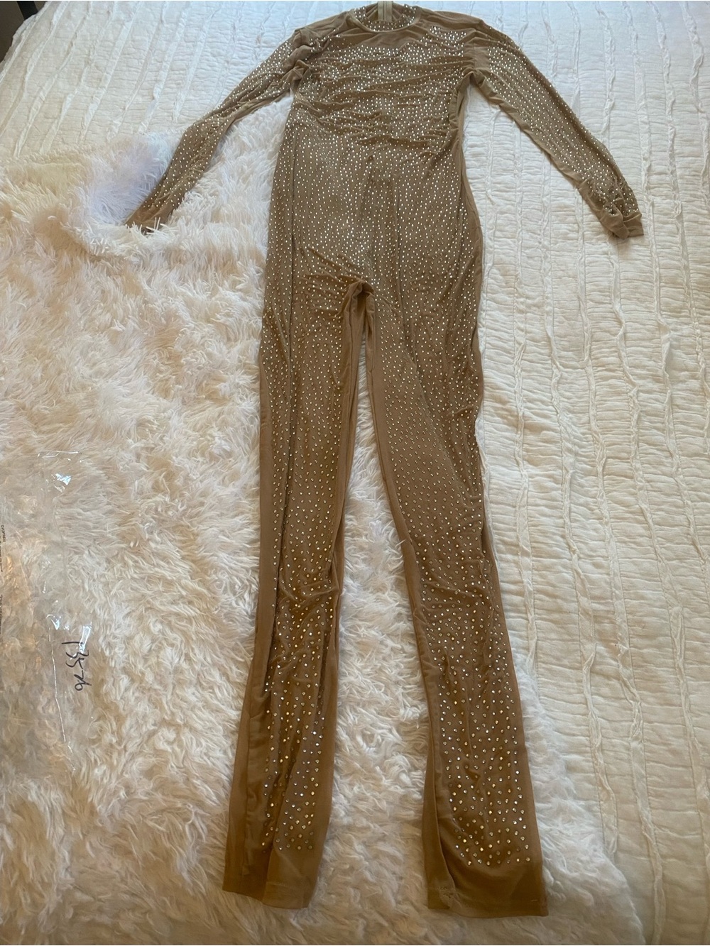 Crystal-Embellished Nude Bodycon Jumpsuit - Picture 2 of 4